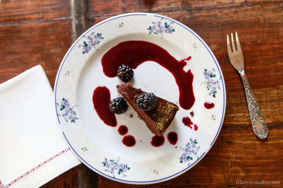 Fergalicious Chocolate Cake Blackberry Coulis piece